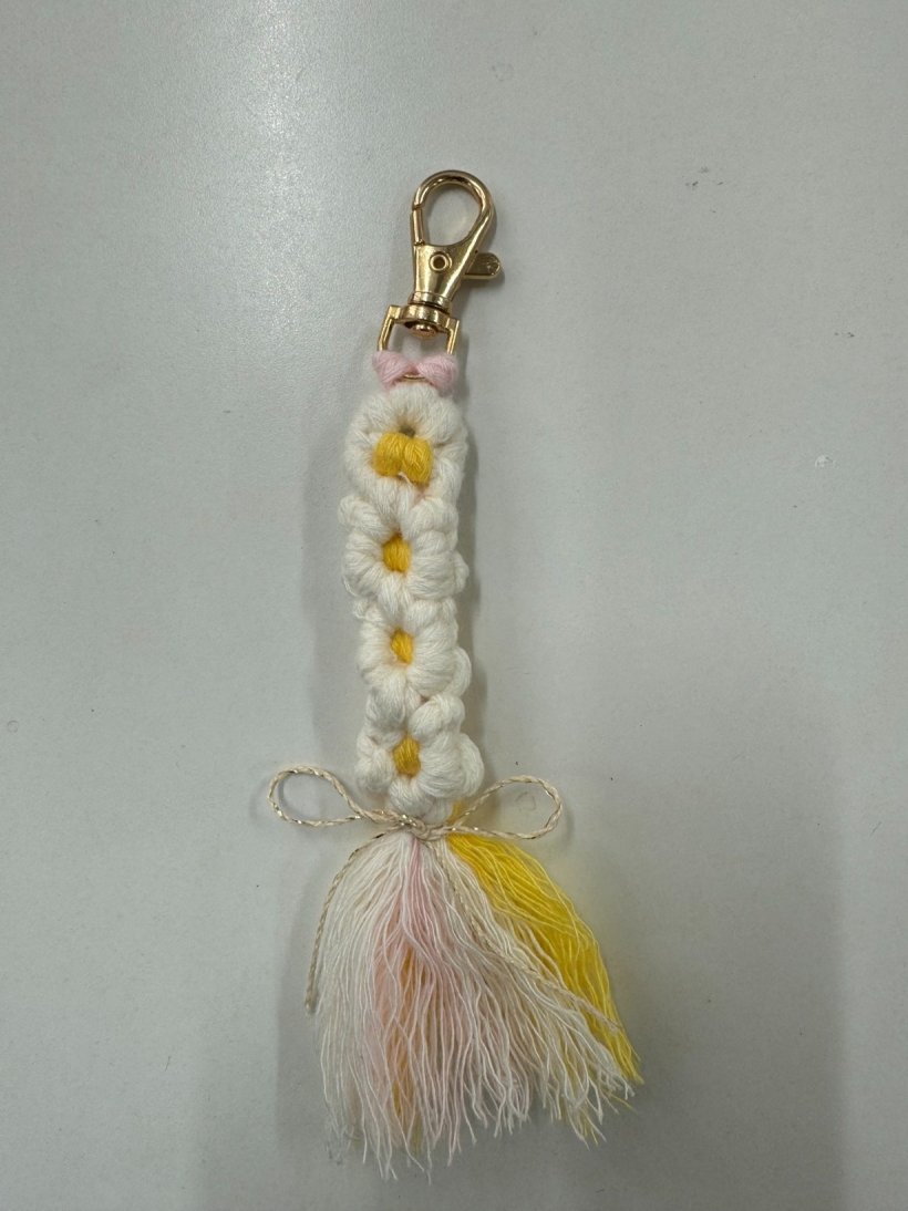 金具に花の柄のキーホルダーがついている